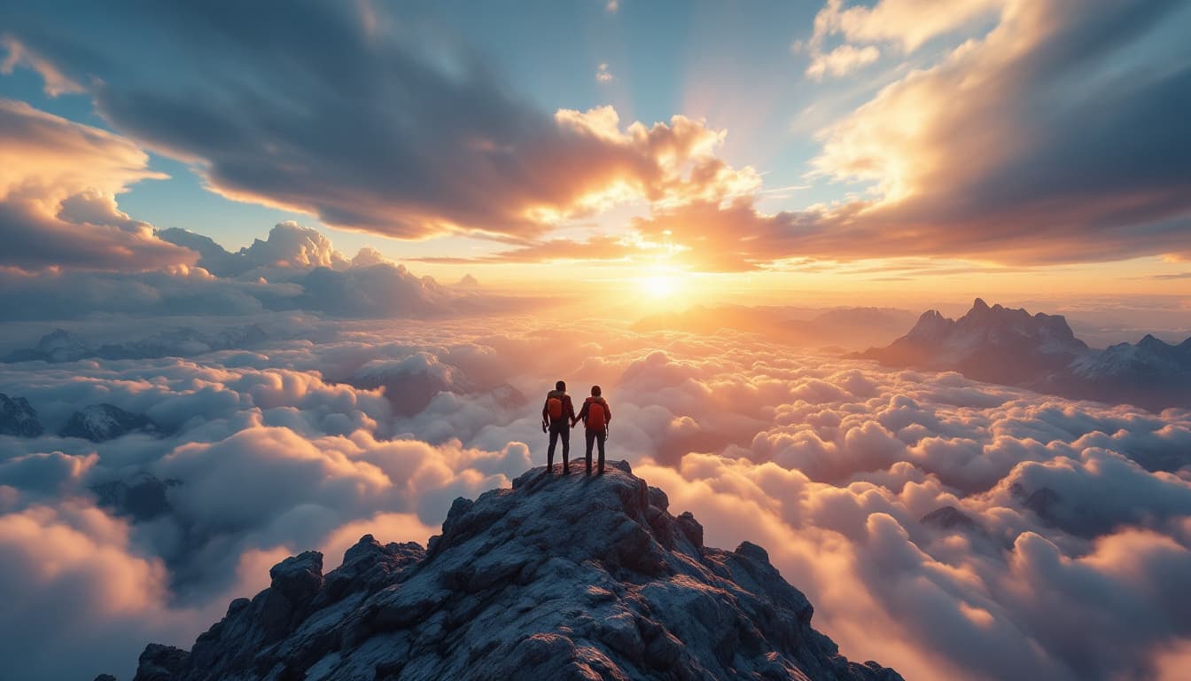 AI generated: A breathtaking wide shot of two climber standing triumphantly at the peak of a high mountain, gazing...