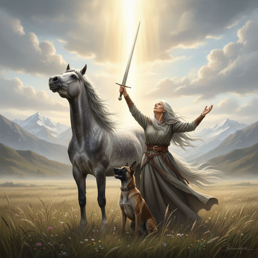 AI generated: old woman, standing, wearing belted tunic, one sword raised, other arm raised, looking up, eyes clos...