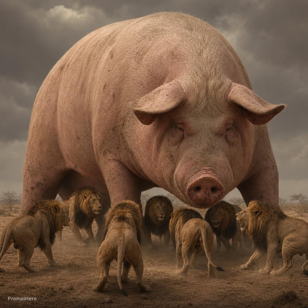AI generated: MAKE A GAINT PIG SURROUNDING 6-7 LIONS