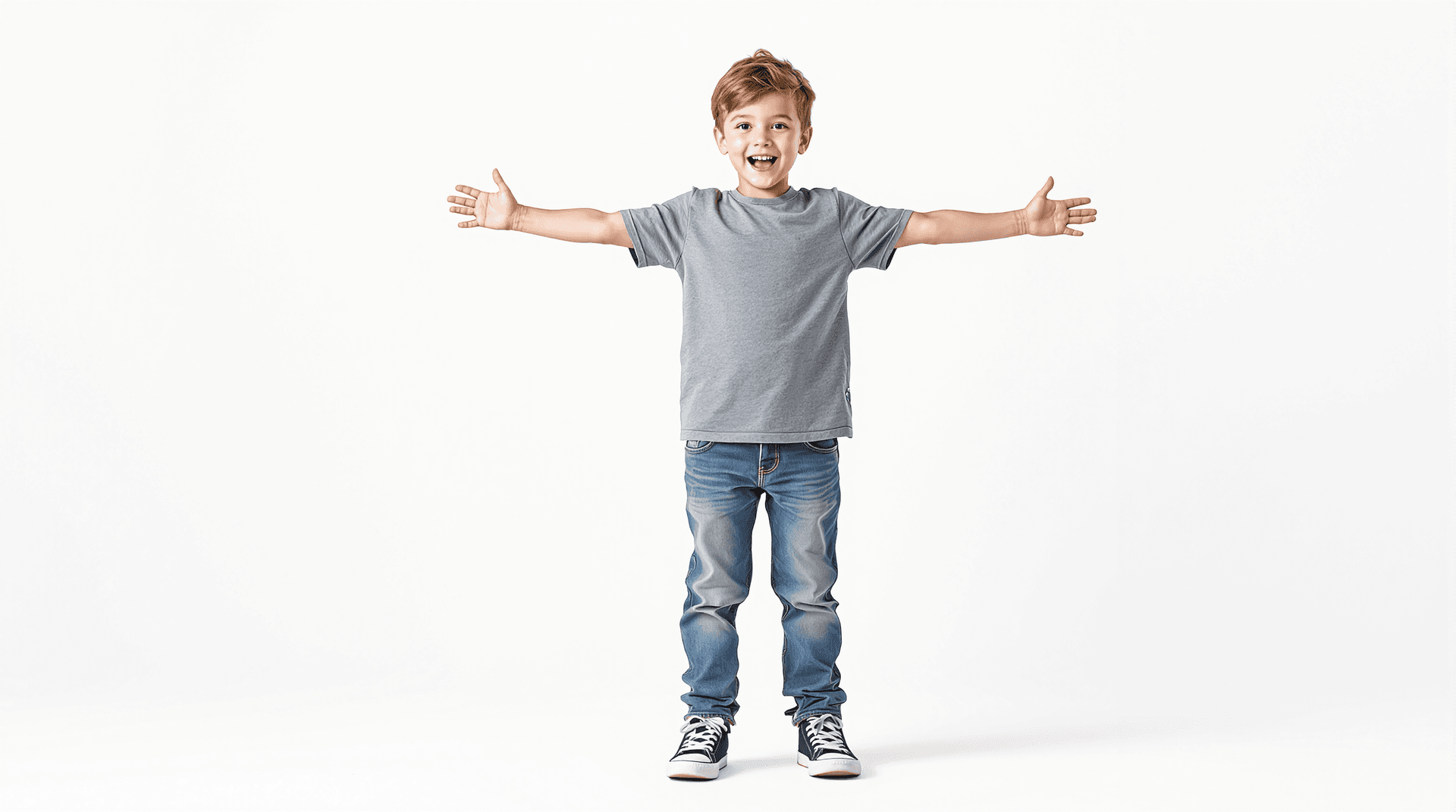 AI generated: A realistic 4D full-length photograph of an 5 year old boy standing in t-pose in jeans and sneakers,...