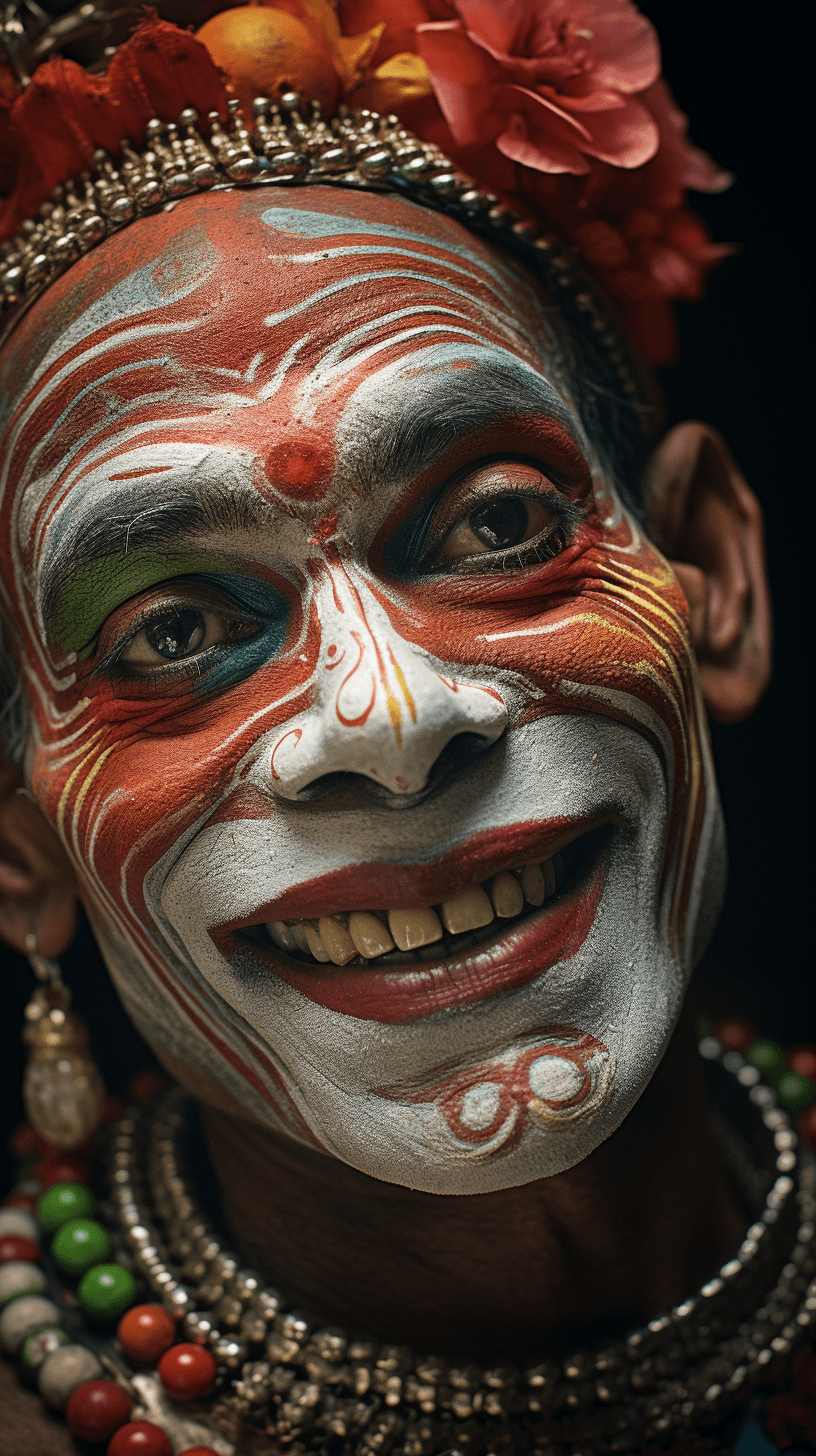 AI generated: a kathakali dancer from india with beautiful and vibrant colors makeup and expressive eyes, a soul-s...