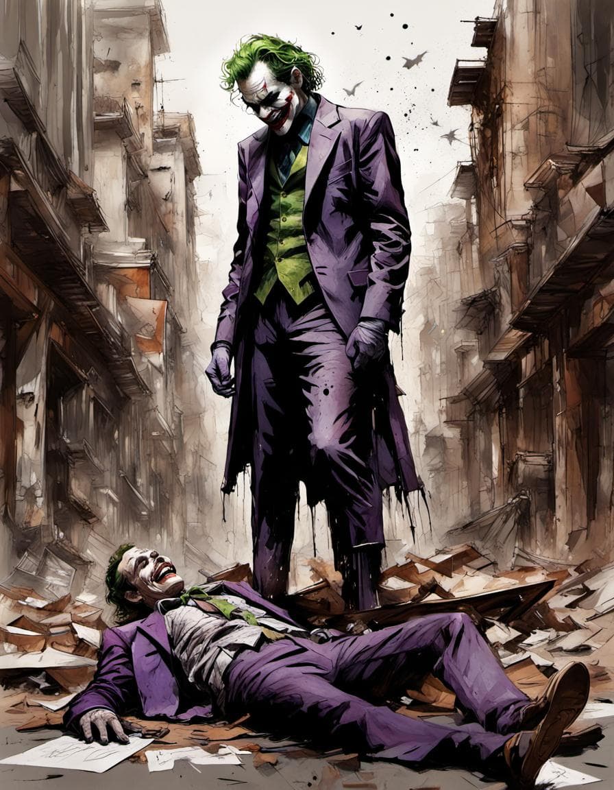 AI generated: a drawing of the Joker standing above a fallen batman, in the style of re-imagined religious art, ma...