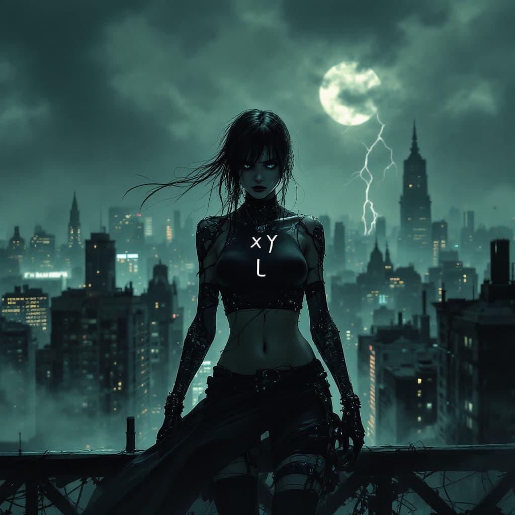 AI generated: Digital illustrations, concept art, a cyberpunk girl with the word "ЦПИ" on her chest, standing on a...