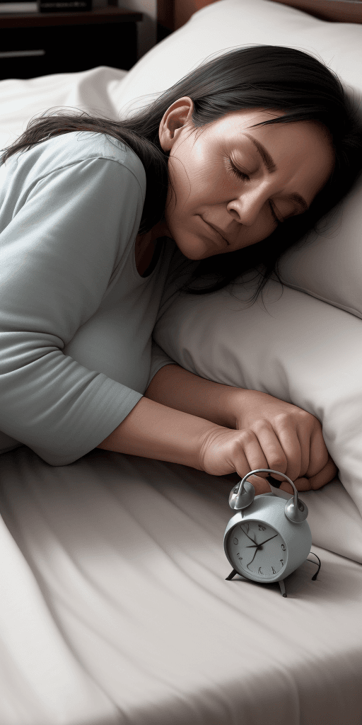 AI generated: “”A woman of about 30 years old, with a medium build, is sleeping on her side on the bed at night. T...