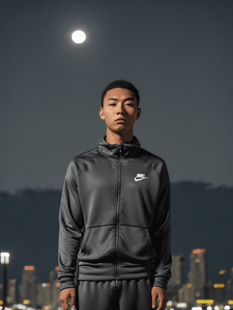 AI generated: young man moai head using nike tracksuit, night time, big full moon above the city lights in the bac...