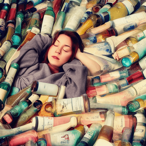 AI generated: mistery, lofi colors, lofi vibes, gorgeous old woman laying in huge big pile of vodka bottles, samdo...