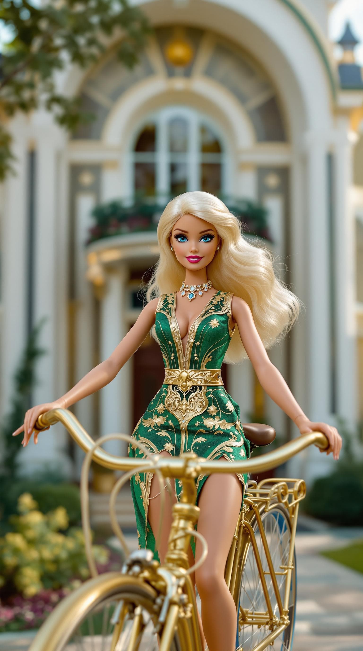 AI generated: photo, 20-year-old Barbie doll wearing art deco clothes, sitting on a bicycle in front of her art de...