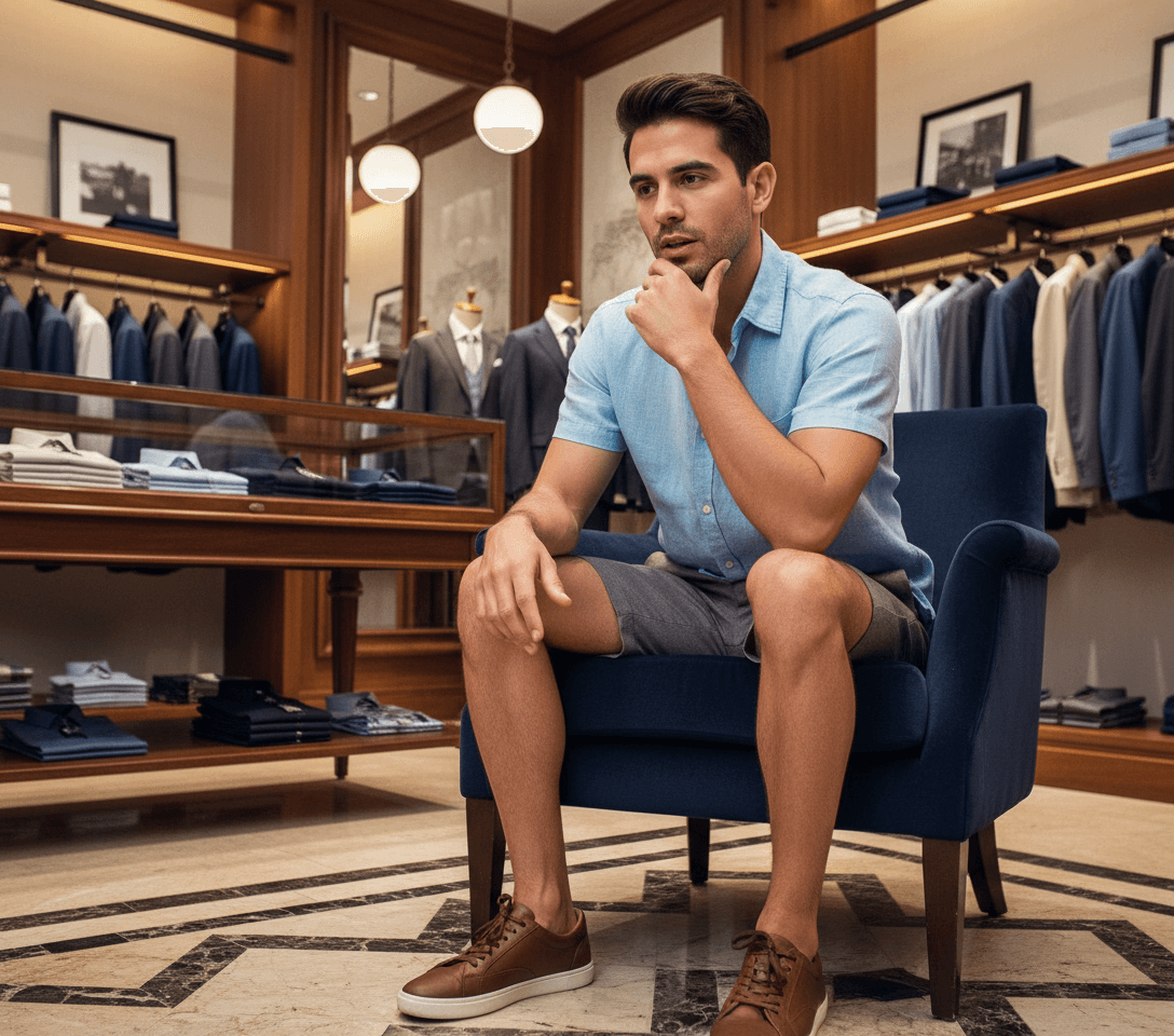 AI generated: At a very luxurious men's clothing store. The Hispanic male is slender, he is 5 feet tall, he is wea...