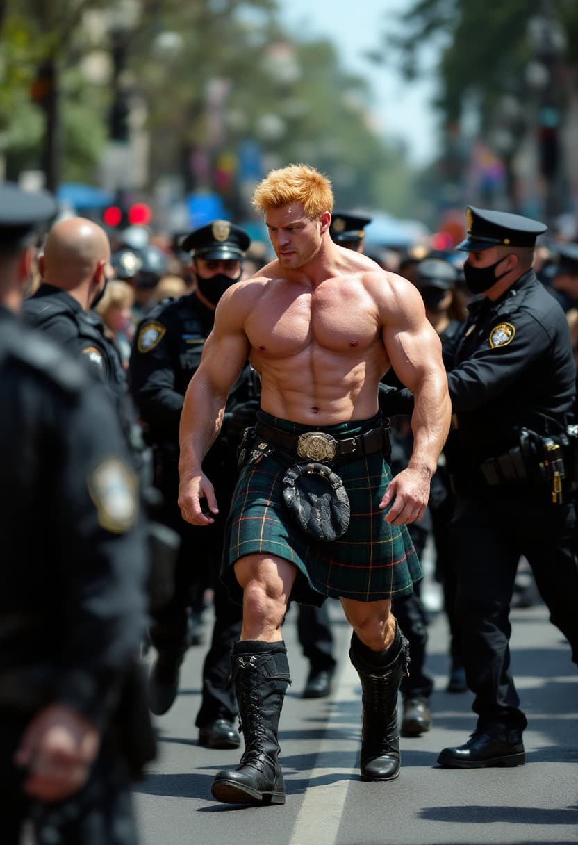 AI generated: high-resolution full body photo muscular man, show boots, reddish blonde hair,  wearing a tartan kil...