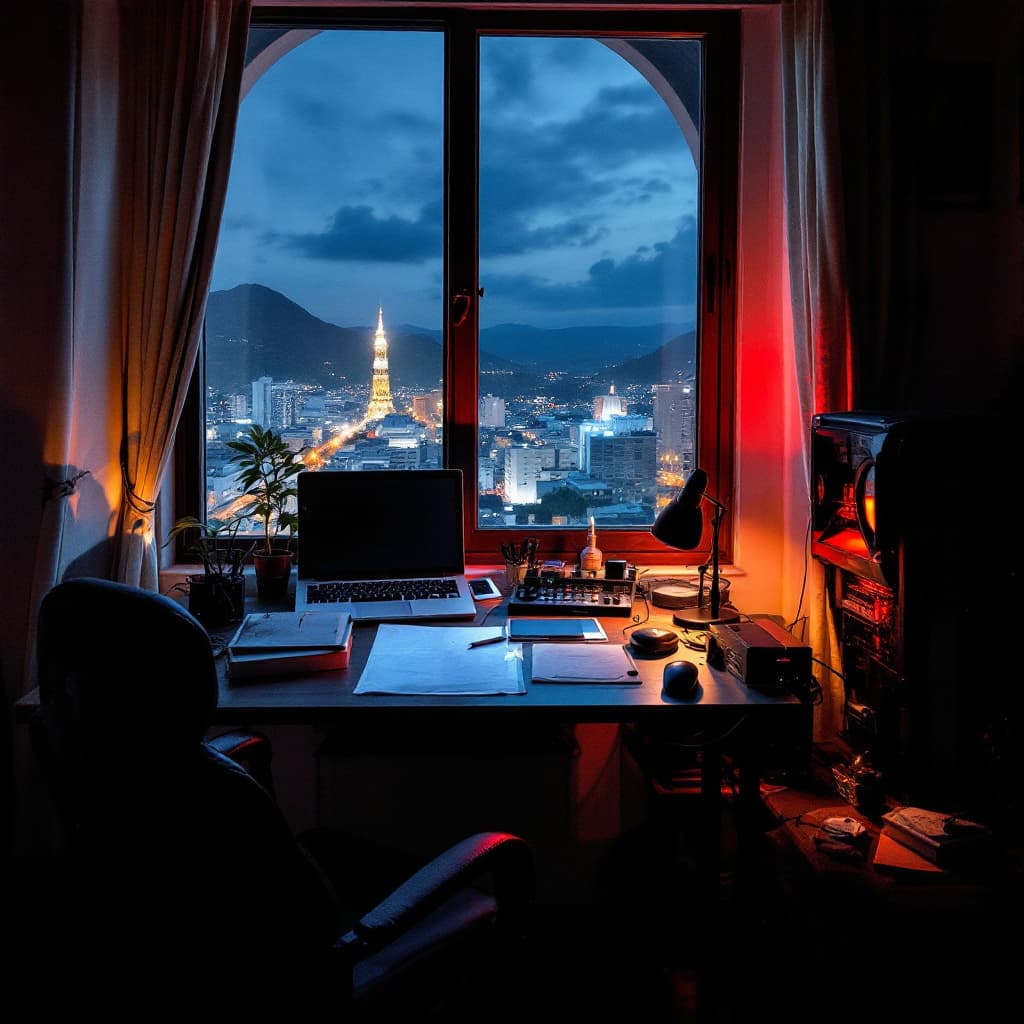 AI generated: A 2000's PC setup in a room. In the window you can see The City San felipe, estado Yaracuy  at night...