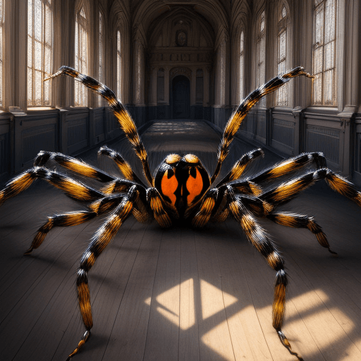 AI generated: High resolution photography of large spider, glossy, shiny, inside old victorian building