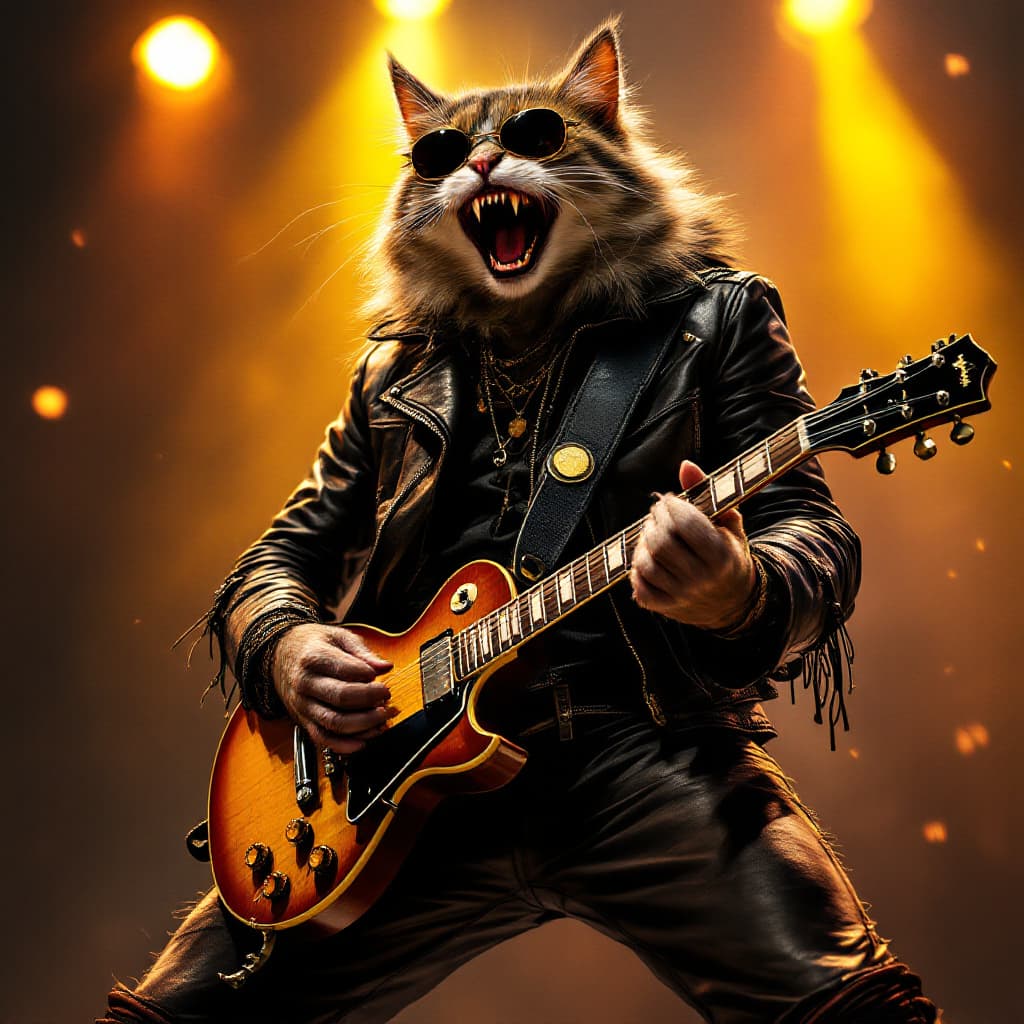 AI generated: realistic image of a wild rocker cat wearing leather jacket and playing an electric guitar on stage ...