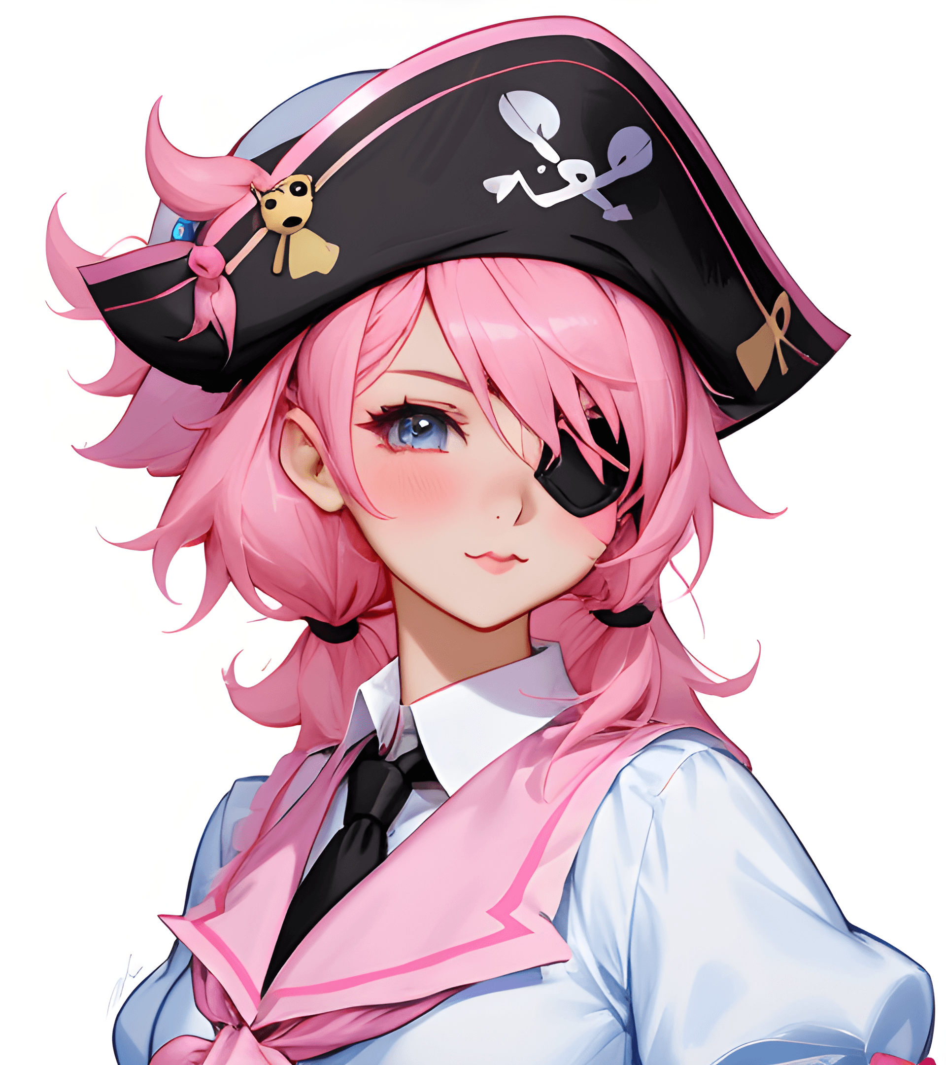 AI generated: anime girl with pink hair wearing a pirate hat and eye patch, rossdraws 2. 5, rossdraws 1. 0, rossdr...