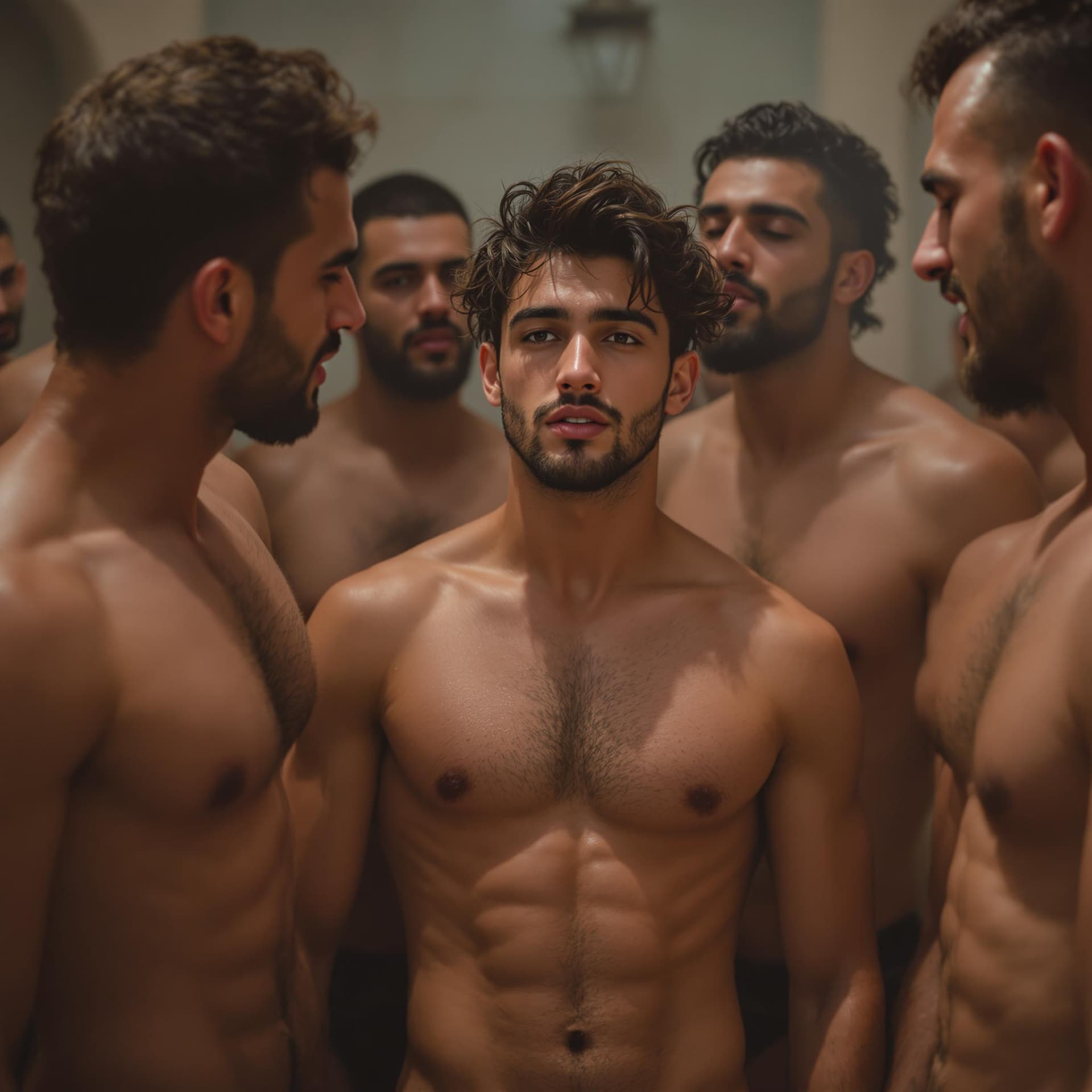 AI generated: a gorgeous nude 18 year old moroccan boy named Mo is surrounded by a group of lusty, tall, strong, m...
