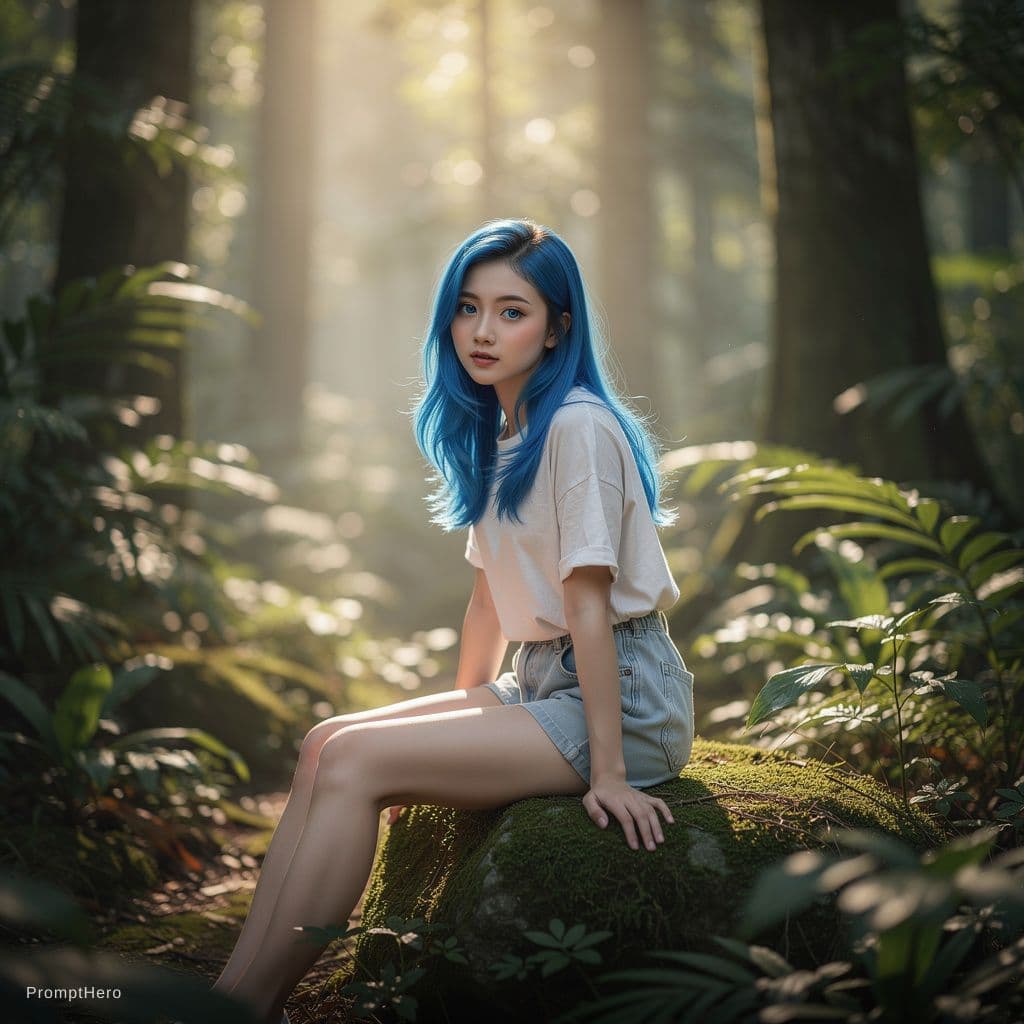 AI generated: high quality, unrealistic, beautifull asian women, blue hair, blue eyes, shy, lovely, sit on a rock,...