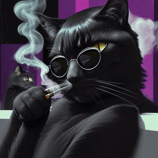 AI generated: a muscel packed black cat with sunglasses smoking a cigarette, in a techno discotheke, picture style...