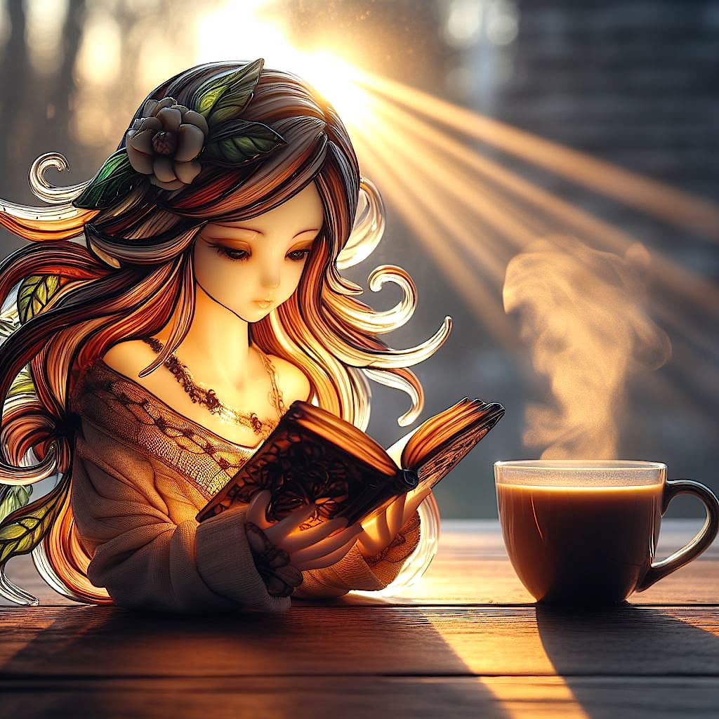 AI generated: A lampwork art of a beautiful woman sitting (reading a book), character by Ana Dittmann, 4k, realist...