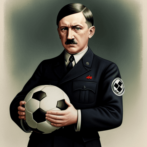 AI generated: Adolf Hitler holding a soccer ball in color.