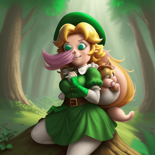 AI generated: a little leprechaun is on Princess Peach’s back, covering her eyes, in a forest, cartoon