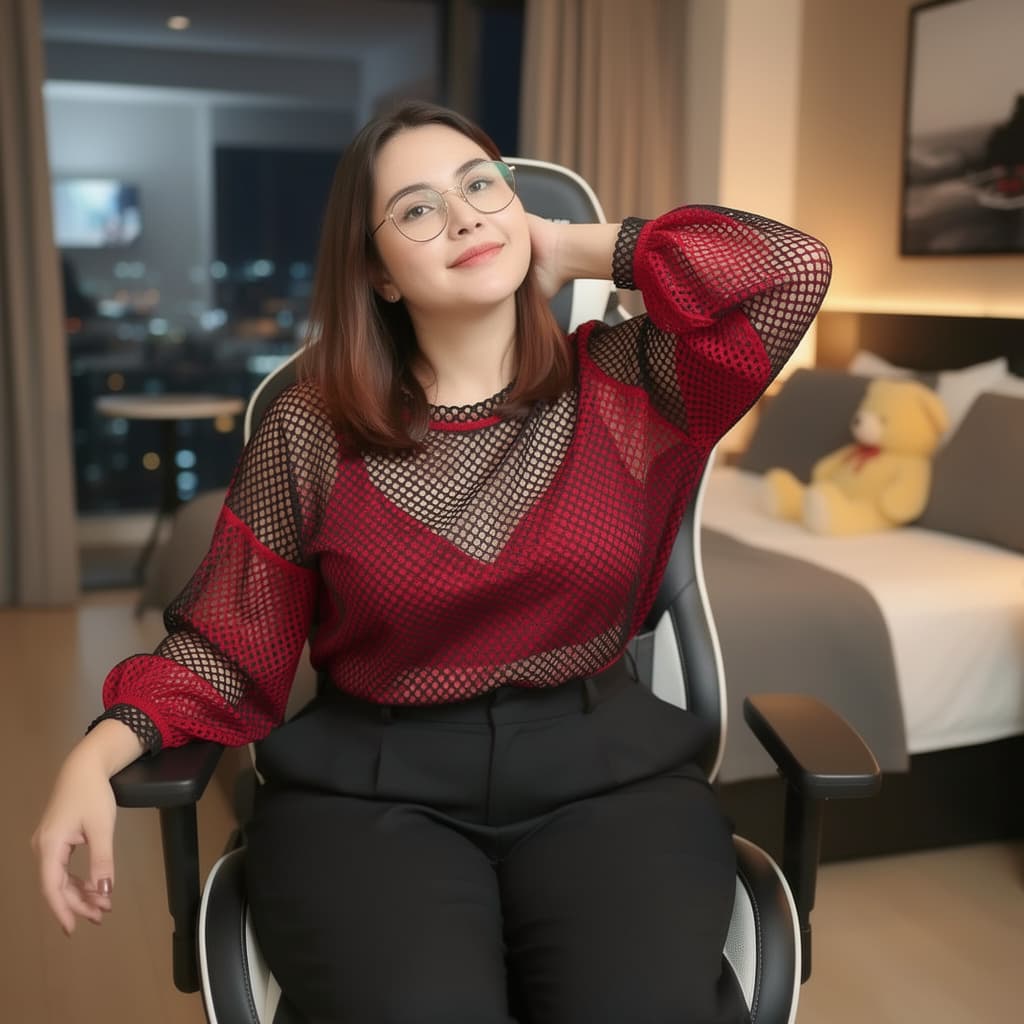 AI generated: Ganti pakaian dengan lingerie jaring warna merah hitam