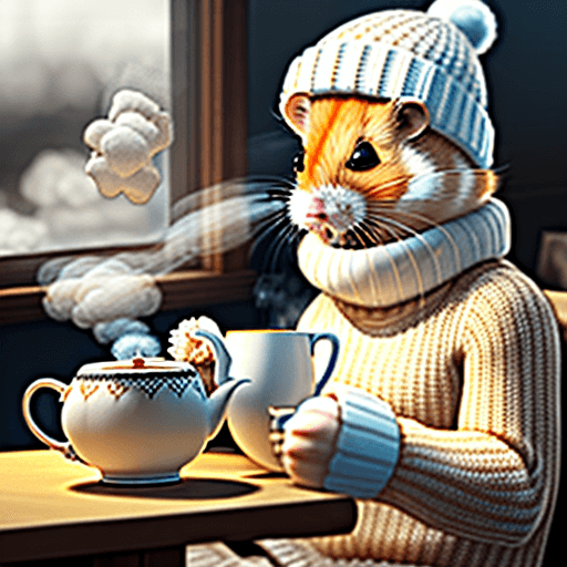 AI generated: ginger and white furred hamster wearing a knitted hat and jumper. hamster holding a steaming cup of ...