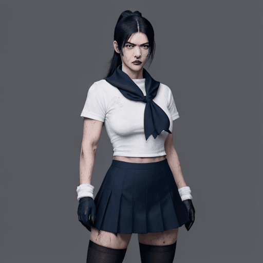 AI generated: a psychopathic killer woman that have a muscular body, have black eyes with long black ponytail hair...