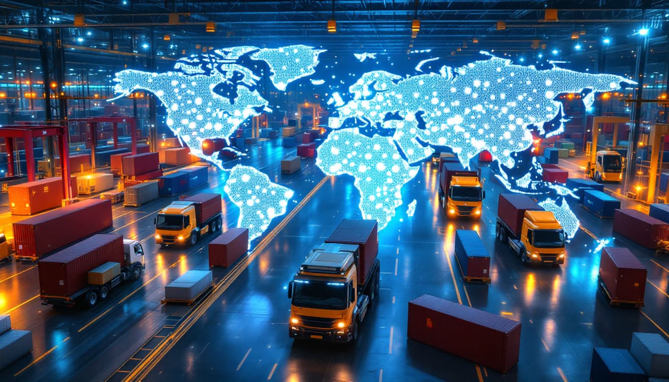 AI generated: /imagine prompt: AI-optimized global logistics hub, autonomous vehicles moving containers with milli...