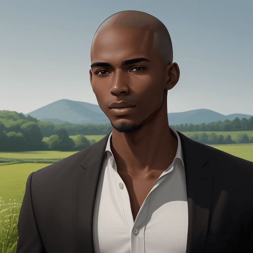 AI generated: a black young  man in his thirties with a cleanly shaven head, set in a serene countryside backdrop....