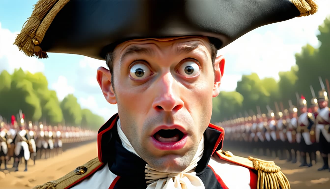 AI generated: cinematic, photorealistic caricature, young man dressed as Napoleon Bonaparte in full iconic uniform...
