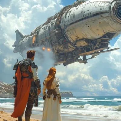 AI generated video:  A huge spaceship moves through the sky while a man and woman watch from a beach, their clothes and ...