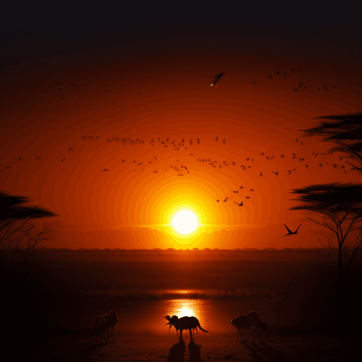 AI generated: a african sunset, wild animals looking at the sun, birds flying far away, 8k