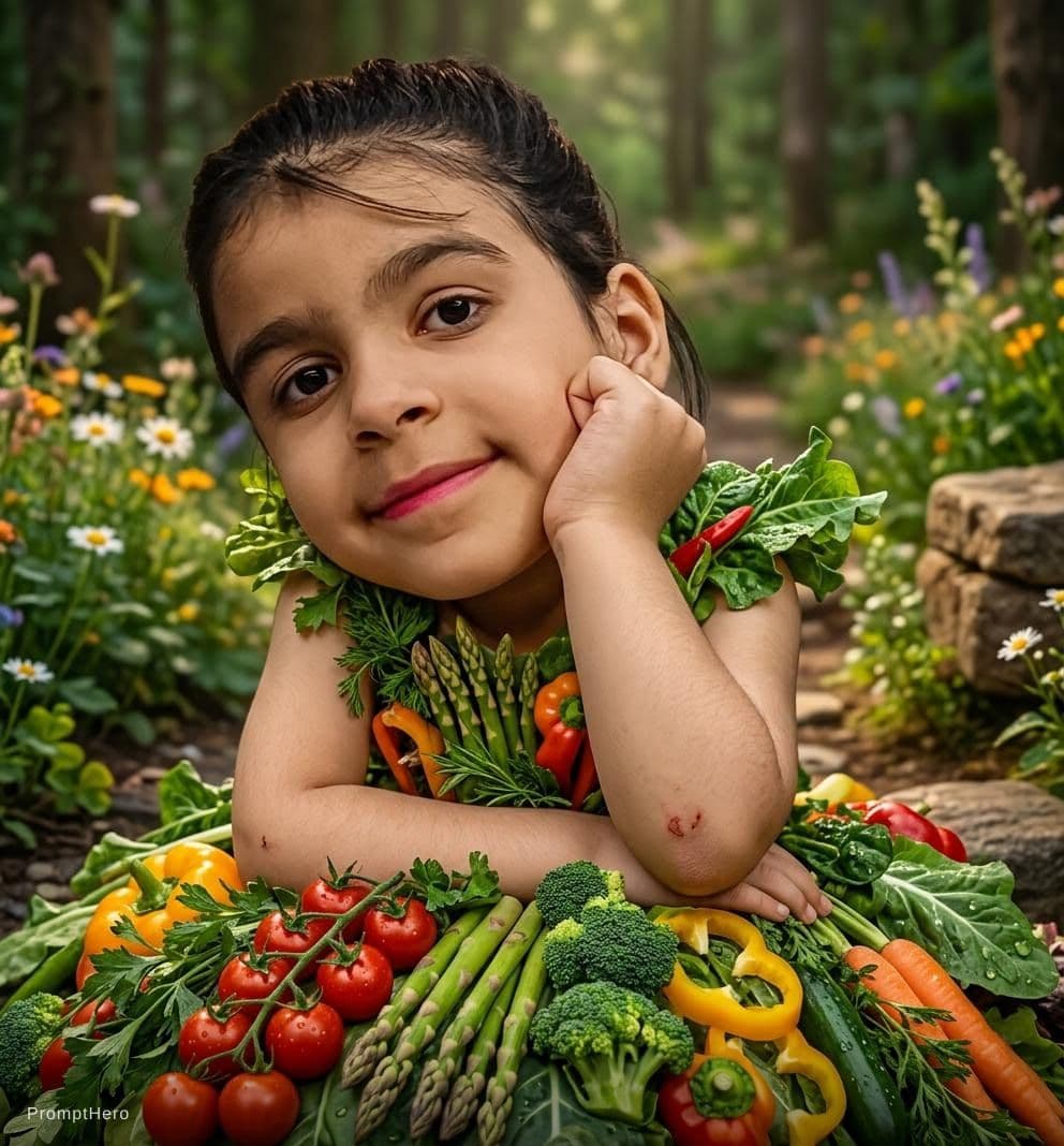 AI generated: adorable girl in a dress made of vegetables, cinematic, insane details, intricate details, hyperdeta...