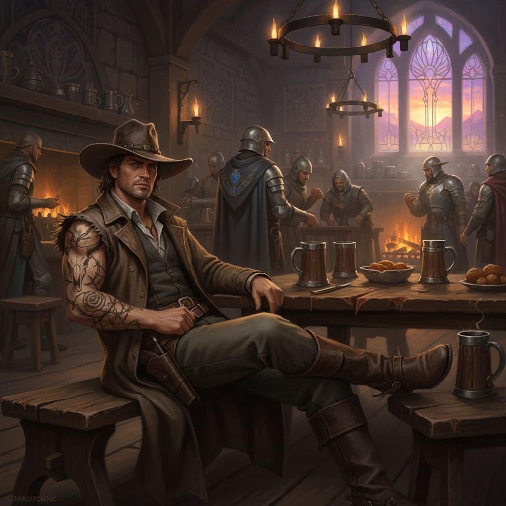 AI generated: a male cowboy like in a western in a wide-brimmed hat, tattoo on his arm, full body, sits in a medie...