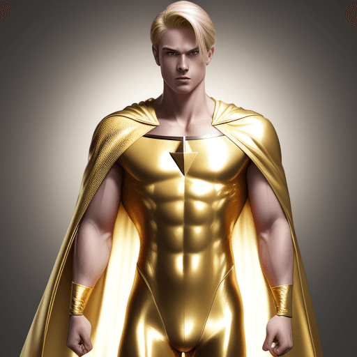AI generated: male superhero named champion blond hair, skin tight gold suit without logo, gold cape
