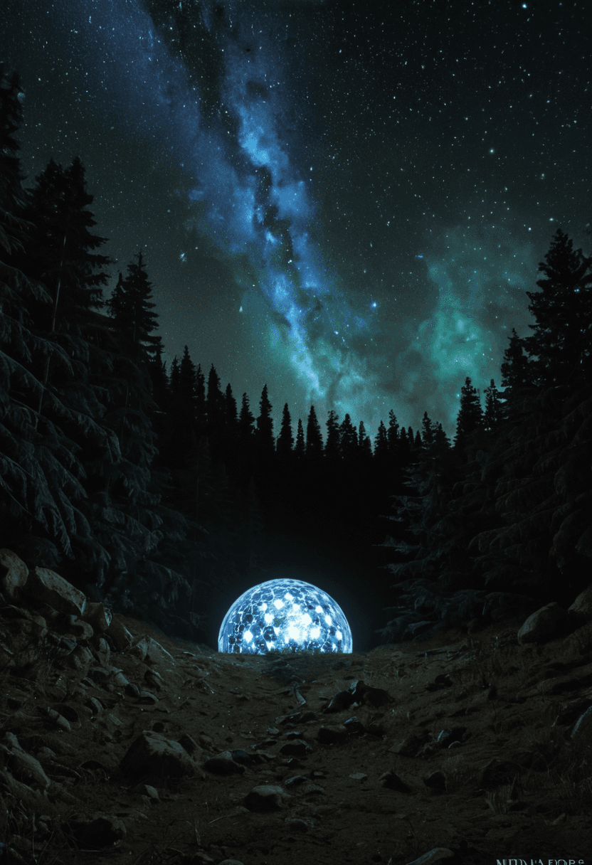 AI generated: Advertising poster style A vast exoplanet with bioluminescent forests under a swirling galaxy of sta...