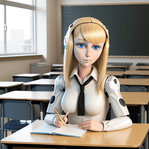 AI generated: A young blonde teacher walks into the classroom towards the student and transforms herself into a hu...