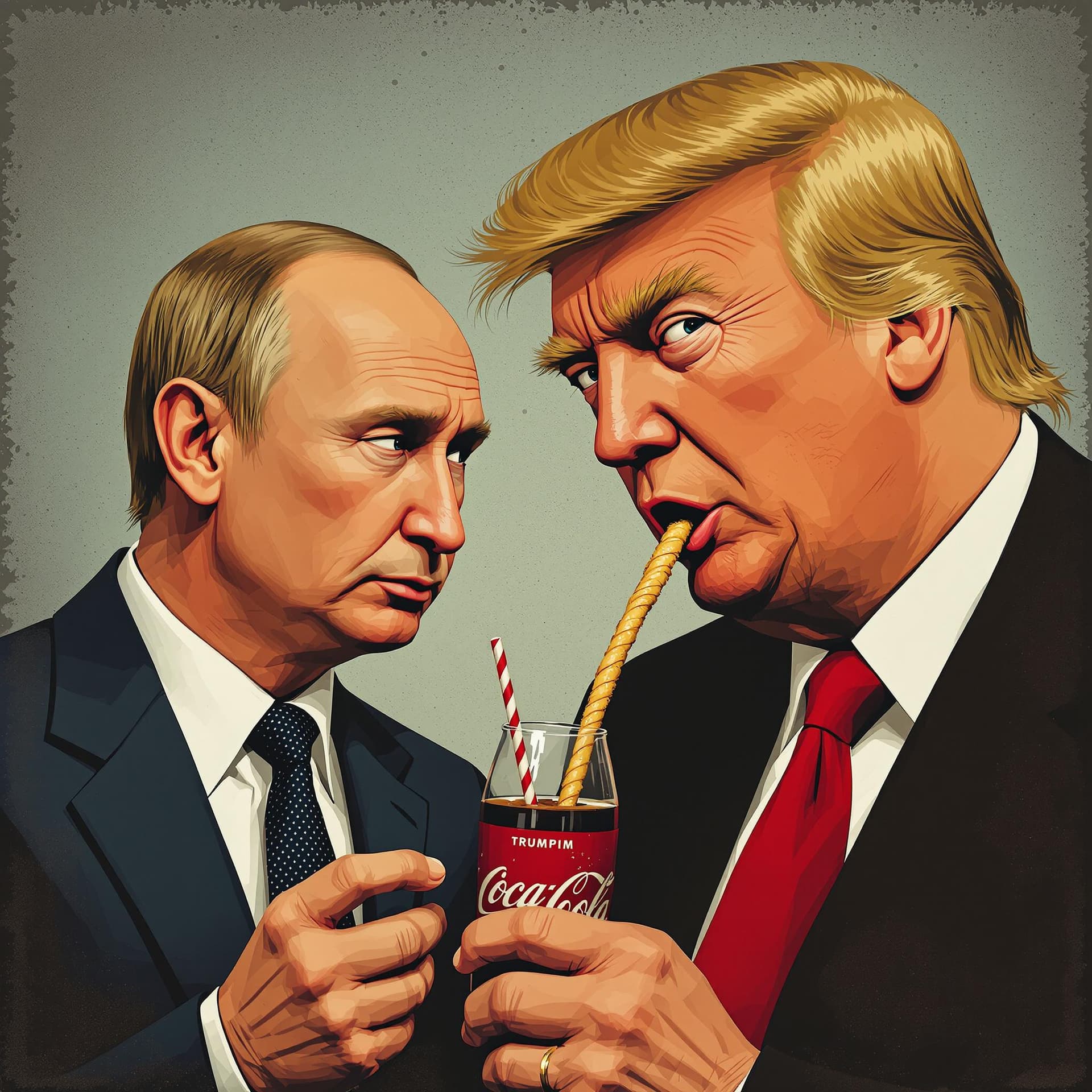 AI generated: Stylized portrait of a Putin with Donald trump drinking Cocacola and eatind noddle's confident expre...