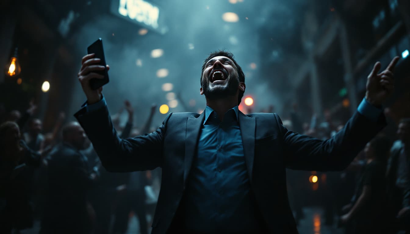 AI generated: 
A dramatic scene of a client celebrating success, hyper realistic, high detail, 40 y sympatic, hold...