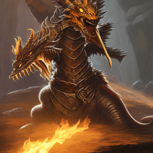 AI generated: A dungeons and dragons fire gold dragonborn spitting fire and holding a glaive in his hand