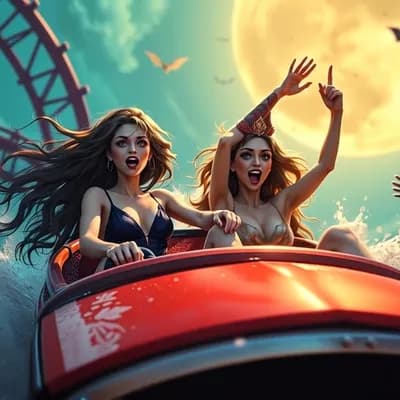 AI generated video: Camera Control: POV of the Thrill of a Roller Coaster Ride. Halloween Spooky Roller coaster ride, wi...