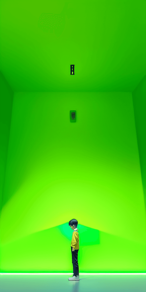 AI generated: A boy standing on a white background, holding his phone, his phone is releasing yellow and green lig...