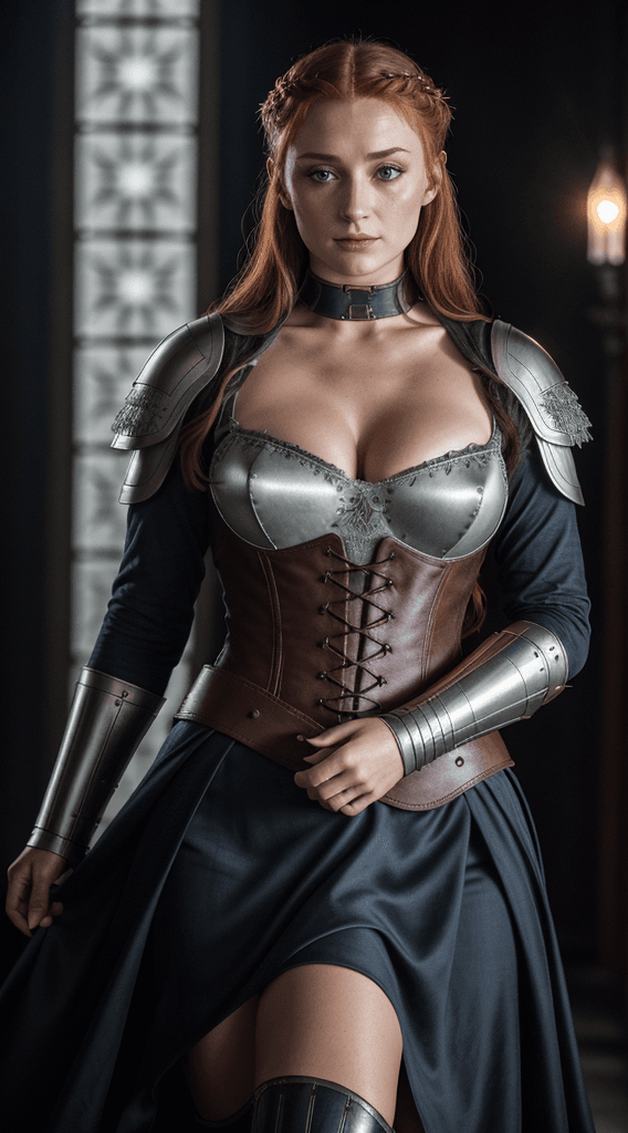 AI generated: Sansa Stark, gladiator dress, full-body shot,Medieval epic battlefield background,erotic warrior cos...