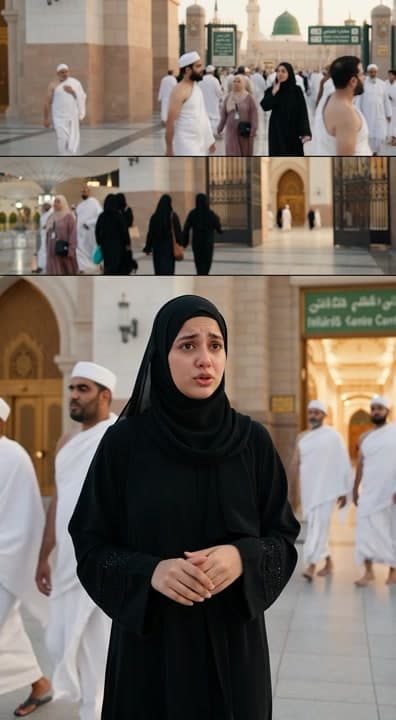 AI generated video: A Muslim woman in a black abaya looks worried and lost inside Masjid Nabawi during Umrah. She search...