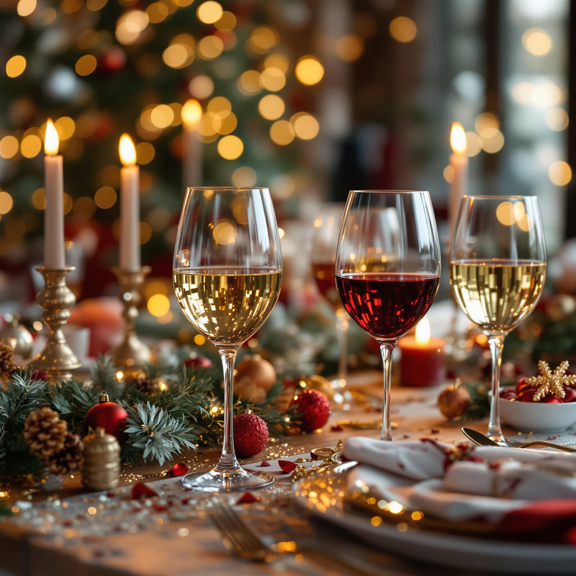 AI generated: A festive table set with wine glasses and decorations. dslr, ultra quality, sharp focus, tack sharp,...