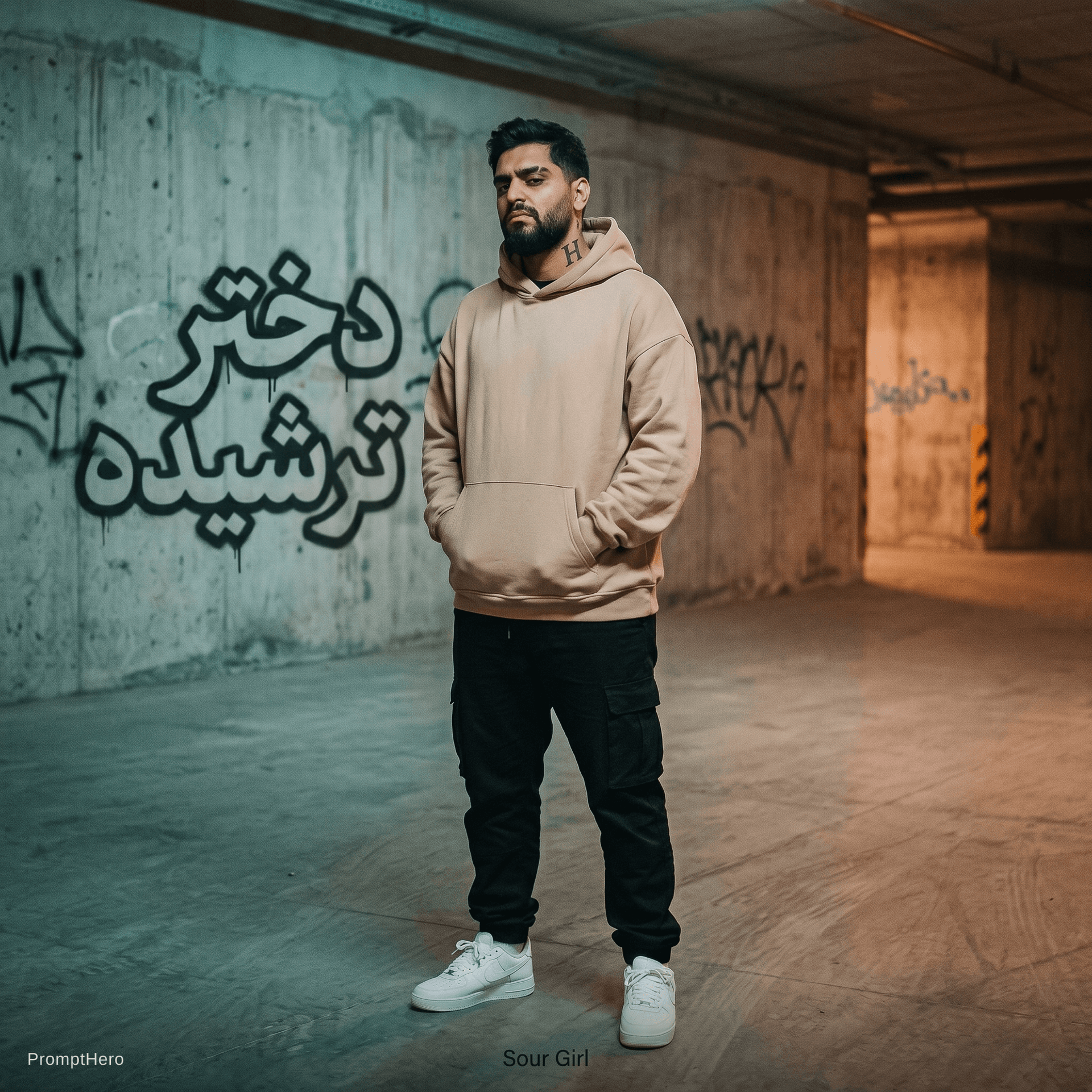 AI generated: Rap cover art, "Sour Girl" (دختر ترشیده). A tall, stylish young male rapper standing confidently in ...