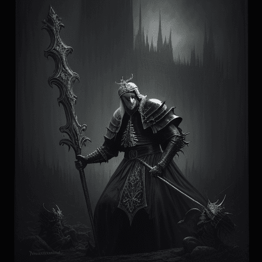 AI generated: Pontif Sullivan fighting the nameless king, 80s dark fantasy, dark fantasy, dark fantasy aesthetic, ...
