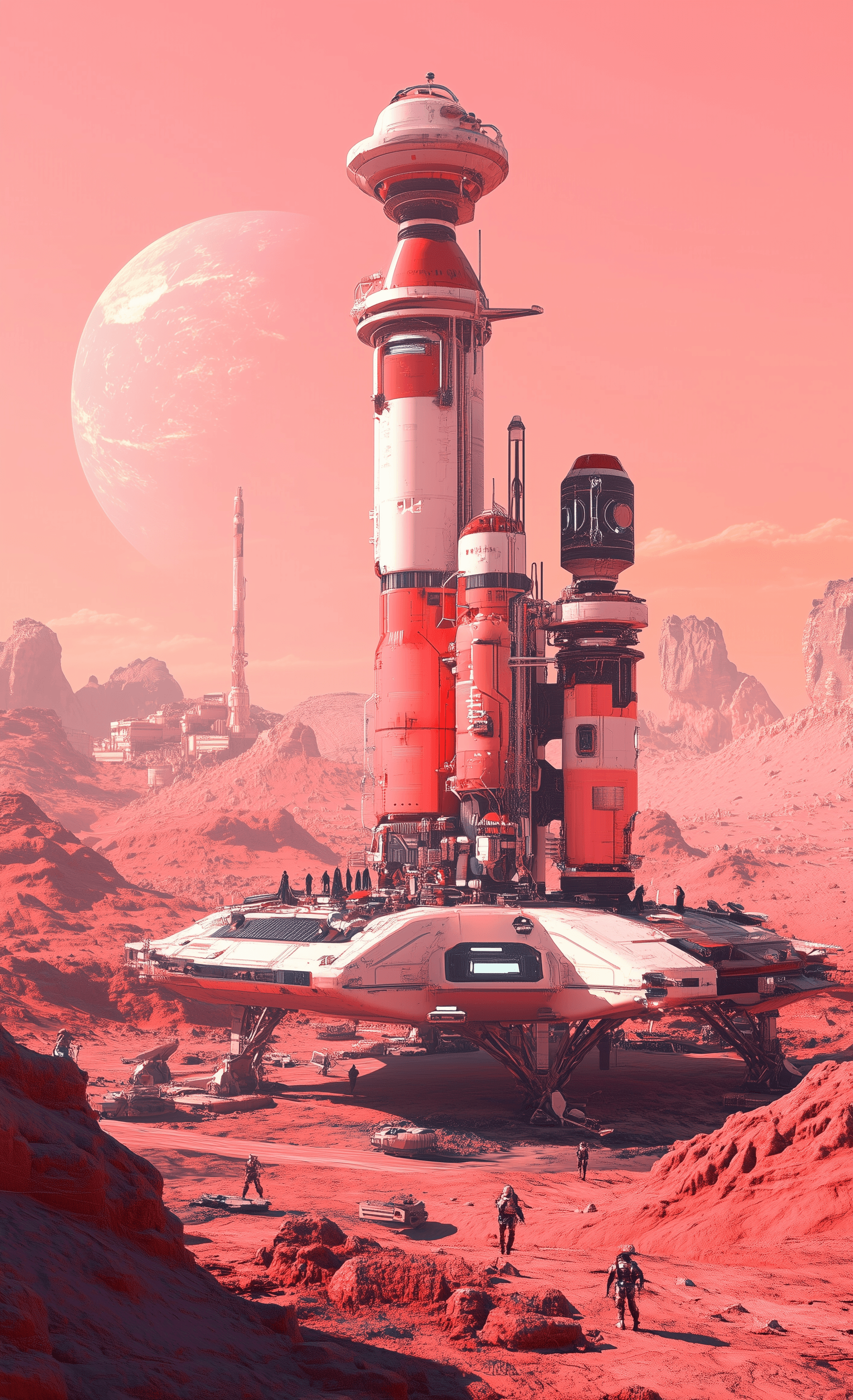AI generated: A futuristic red and white space rover with multiple structures on top, parked in the foreground of ...