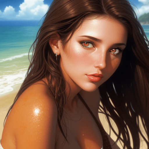 AI generated: close-up photo of a woman, in the style of igor zenin, brown eyes, brunette, beach portraits, ultra-...