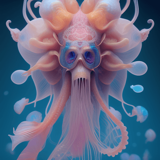 AI generated: Goddess close-up portrait ribcagel. jellyfish phoenix head, nautilus, orchid, skull, betta fish, bio...