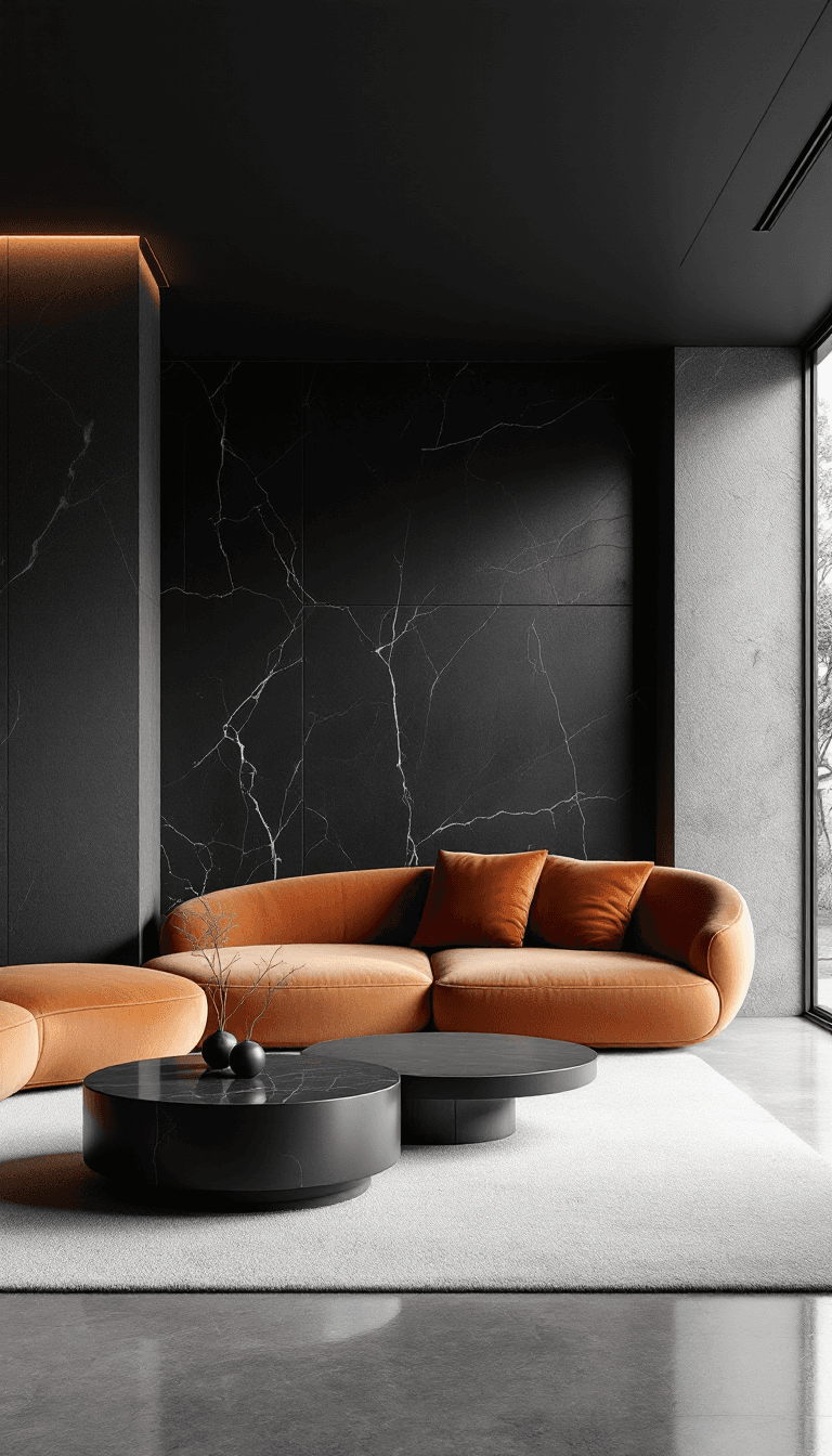 AI generated: a black living room with black marble walls and round tables, in the style of earthy naturalism, bol...